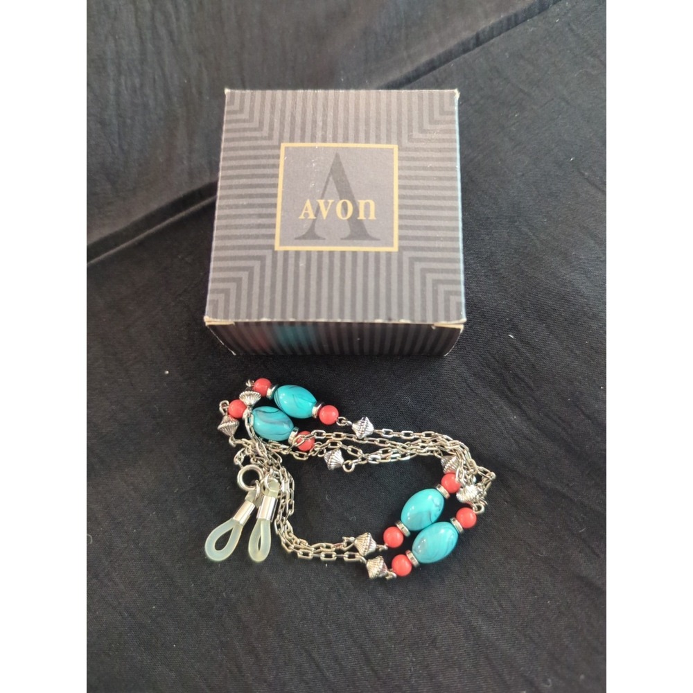 Vintage Avon Optical Necklace Silverstone With Teal And Red Beads